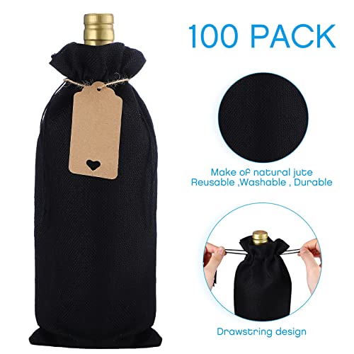 Nuogo 100 Pcs Black Burlap Wine Bag with Drawstring Bulk Reusable Gift Bags, Bags for Bottles Gifts Bottle Tags Wedding Birthday Blind Tasting Christmas Party Home