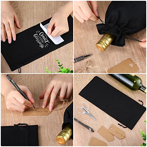 Nuogo 100 Pcs Black Burlap Wine Bag with Drawstring Bulk Reusable Gift Bags, Bags for Bottles Gifts Bottle Tags Wedding Birthday Blind Tasting Christmas Party Home