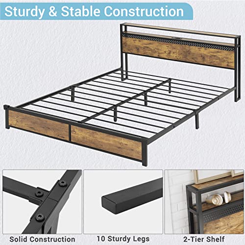 Tiptiper Bed Frame Queen Size with LED Lights Headboard & Storage Drawers, Industrial Metal Platform Bed with 2 Charging Outlets and 2 USB Ports, No Squeak, Super Strong Support, Rustic Brown