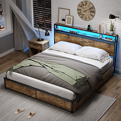 Tiptiper Bed Frame Queen Size with LED Lights Headboard & Storage Drawers, Industrial Metal Platform Bed with 2 Charging Outlets and 2 USB Ports, No Squeak, Super Strong Support, Rustic Brown