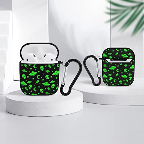 Airpod Case Soft Silicone Flexible Skin Alien Funny Spaceships Planet Green Black Case Cover for Apple AirPods 2&1 Fashion for Girls Boys with Keychain