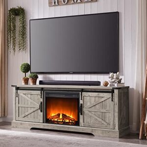 okd fireplace tv stand for 75+ inch tv, farmhouse entertainment center with 23" electric fireplace and remote control, long rustic media console cabinet with sliding barn door, light rustic oak