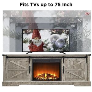 OKD Fireplace TV Stand for 75+ Inch tv, Farmhouse Entertainment Center with 23" Electric Fireplace and Remote Control, Long Rustic Media Console Cabinet with Sliding Barn Door, Light Rustic Oak