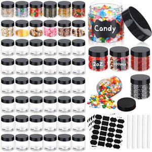 mimorou 100 pcs plastic jars with lids wide mouth round clear containers, black pen and labels refillable airtight travel storage leak proof small for storing dry food, makeup, honey, butter (2 oz)