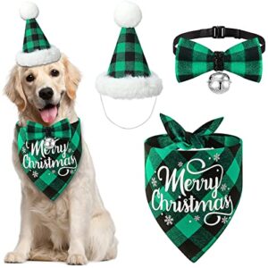 DULEFUN 3pcs Christmas Dog Costumes Outfit, Classic Buffalo Plaid Christmas Dog Clothes Xmas Dog Bandana Hat Bowtie Scarf Kerchief Triangle Bib Accessories for Small Medium Dogs Pets