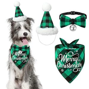 DULEFUN 3pcs Christmas Dog Costumes Outfit, Classic Buffalo Plaid Christmas Dog Clothes Xmas Dog Bandana Hat Bowtie Scarf Kerchief Triangle Bib Accessories for Small Medium Dogs Pets