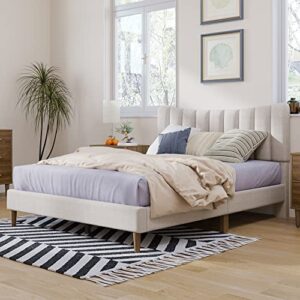 p purlove queen linen upholstered platform bed, platform bed frame with vertical channel tufted headboard, no box spring needed, easy assembly, strong wooden slats, cream