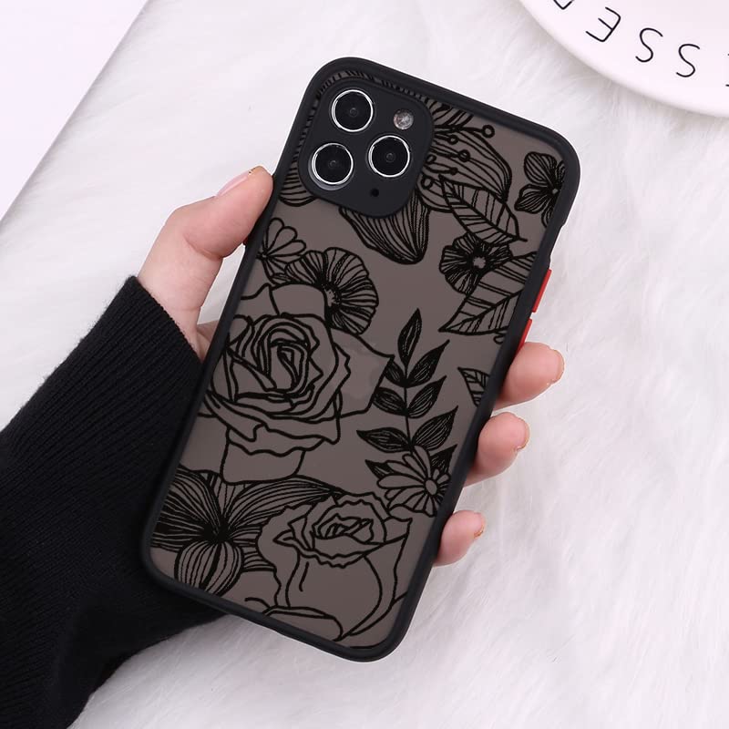 SUBESKING Compatible with iPhone 12 Flower Case for Women Girls, Cute Black Blooming Floral 3D Pattern Design Translucent Matte PC Back Soft TPU Bumper Protective Clear Cover 6.1 Inch