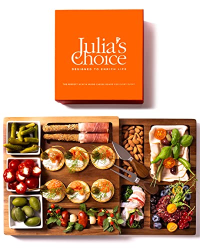 Julia's Choice Charcuterie Board Set - Cheese Board Set - Wood Serving Board – Compact Swivel Cheese Board with Knives and Bowls – Wedding Gifts - Bridal Shower Gifts - House Warming Gifts New Home