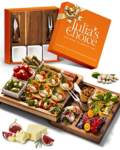 Julia's Choice Charcuterie Board Set - Cheese Board Set - Wood Serving Board – Compact Swivel Cheese Board with Knives and Bowls – Wedding Gifts - Bridal Shower Gifts - House Warming Gifts New Home