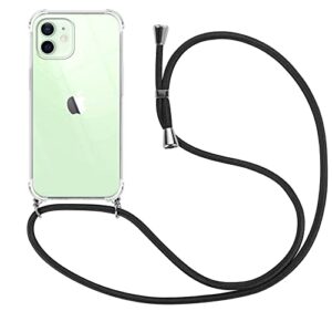 vauki crossbody case for iphone 12/iphone 12 pro clear silicone phone case for iphone 12 6.1" with lanyard neck cord strap, soft tpu shockproof protective transparent cover case - black necklace