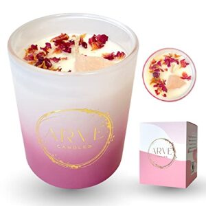 arve love candle, scent: pink champagne, 7.0 oz 100% soy wax, glass container, rose quartz crystal & pink flowers. aromatherapy, meditation. healing gift attracts positive energy, love manifestation