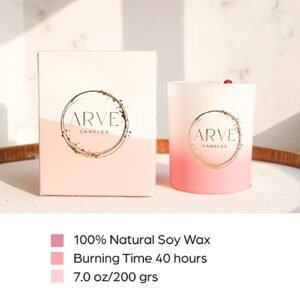 ARVE Love Candle, Scent: Pink Champagne, 7.0 oz 100% Soy Wax, Glass Container, Rose Quartz Crystal & Pink Flowers. Aromatherapy, Meditation. Healing Gift attracts Positive Energy, Love Manifestation