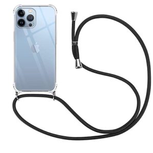 vauki crossbody case for iphone 13 pro max clear silicone phone case for iphone 13pro max 6.7" with lanyard neck cord strap, soft tpu shockproof protective transparent cover case - black necklace