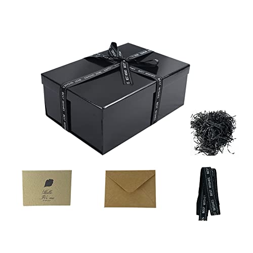 Manoczy Empty Gift Box 12×8.5×4 inch Folding Cardboard Birthday Present Container Card,Ribbon,Shredded Paper (Black)