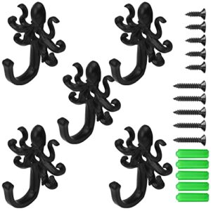 aoaoying wall storage hooks – octopus decorative wall mounted coat hooks for hanging coats, scarves, bags, purses, backpacks, towels indoor and outdoor hooks (black 5 pack)