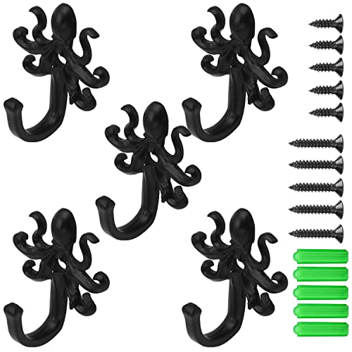 AOAOYING Wall Storage Hooks – Octopus Decorative Wall Mounted Coat Hooks for Hanging Coats, Scarves, Bags, Purses, Backpacks, Towels Indoor and Outdoor Hooks (Black 5 Pack)