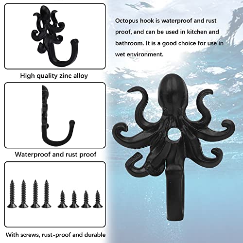 AOAOYING Wall Storage Hooks – Octopus Decorative Wall Mounted Coat Hooks for Hanging Coats, Scarves, Bags, Purses, Backpacks, Towels Indoor and Outdoor Hooks (Black 5 Pack)