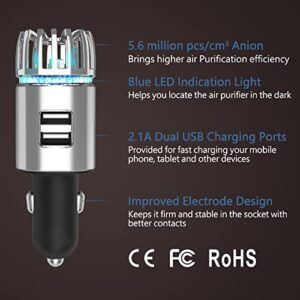 Car Air Purifier Ionizer, Mini size 12V Plug-in Car Air Freshener, Dual Fast Charge USB Car Charger | Release 5.6 Million Anion, Removes Dust, Cigarette Smoke, Bad Odors (Silver)