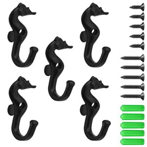 AOAOYING Wall Storage Hooks – Hippocampus Decorative Wall Mounted Coat Hooks for Hanging Coats, Scarves, Bags, Purses, Backpacks, Towels Indoor and Outdoor Hooks (Black 5 Pack)