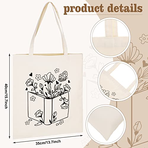 Oudain 4 Pcs Cat Tote Bag for Women Floral Book Space Mushroom Canvas Tote Bag Bulk Cute Aesthetic Library Shoulder Tote Bag (Floral)