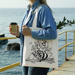 Oudain 4 Pcs Cat Tote Bag for Women Floral Book Space Mushroom Canvas Tote Bag Bulk Cute Aesthetic Library Shoulder Tote Bag (Floral)