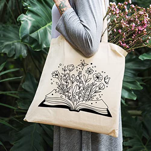 Oudain 4 Pcs Cat Tote Bag for Women Floral Book Space Mushroom Canvas Tote Bag Bulk Cute Aesthetic Library Shoulder Tote Bag (Floral)