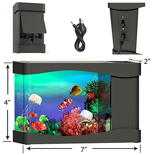 Playlearn Mini Jellyfish Aquarium Artificial Fish Tank with Moving Fish – USB/Battery Powered – Fake Aquarium Toy Fish Tank with 2 Fake Jellyfish