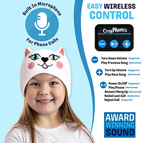 CozyPhones Over The Ear Bluetooth Headband Headphones - Kids Wireless Headphones Volume Limited with Thin Speakers & Super Soft Fleece Headband - Happy and Sad Cat