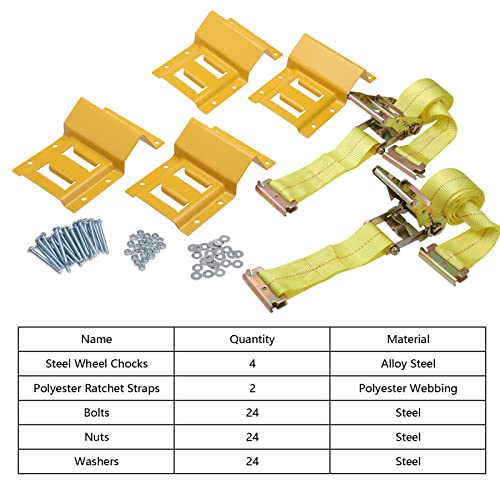 NovelBee Wheel Chock Tie Down Kit, Trailer Tie Down System for UTV, ATV & Mower (Yellow Wheel Chock & Yellow Strap)