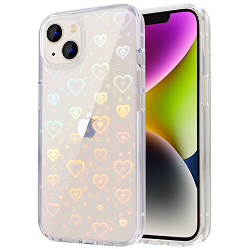 Tksafy Case Compatible iPhone 14 Case, Clear Glitter Cute Laser Holographic Love Heart Pattern for Women Girls, Anti-Yellow Hard PC Protective Phone Cover for iPhone 14 6.1-inch 2022, Rainbow Heart