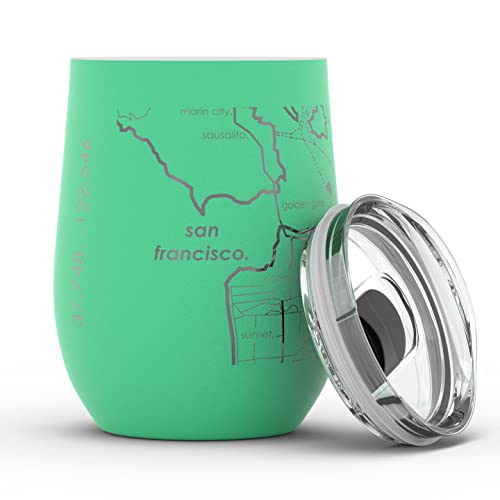 Well Told Engraved San Francisco California Map Insulated Wine Tumbler, Etched Stainless Steel Cup (12 oz, Sunday Green) City Map Insulated Tumbler, Custom Insulated Tumbler, Outdoor Drinkware