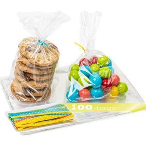 100 pcs clear plastic cellophane bags goodie bags [6x10] - party favor bags | 4" twist ties | cookie bags | candy bags | clear gift bags | treat bags with ties | cellophane treat bags