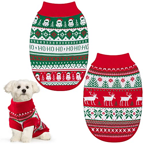 Tiibot 2 Pack Christmas Pet Sweaters Xmas Winter Knitwear with Reindeer Snowman Soft Warm Dog Clothes Argyle Christmas Pet Coats Outfits for Kitty Puppy Cat, Large