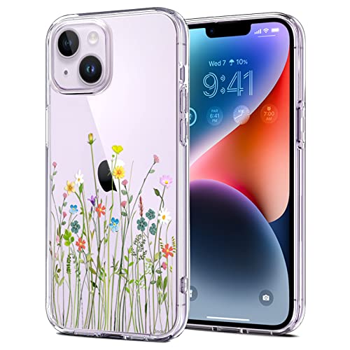 Unov Clear Case with Design Embossed Floral Pattern Compatible with iPhone 14 /13 Soft TPU Bumper Slim Protective 6.1 Inch (Flower Bouquet)