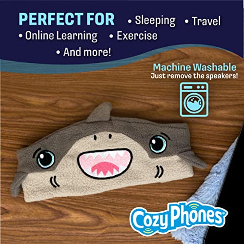 CozyPhones Over The Ear Bluetooth Headband Headphones - Kids Wireless Headphones Volume Limited with Thin Speakers & Super Soft Fleece Headband - Gray Shark