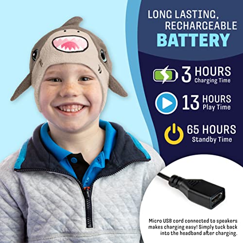 CozyPhones Over The Ear Bluetooth Headband Headphones - Kids Wireless Headphones Volume Limited with Thin Speakers & Super Soft Fleece Headband - Gray Shark