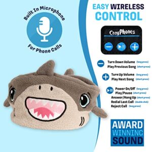 CozyPhones Over The Ear Bluetooth Headband Headphones - Kids Wireless Headphones Volume Limited with Thin Speakers & Super Soft Fleece Headband - Gray Shark