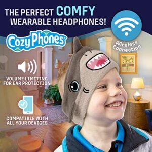 CozyPhones Over The Ear Bluetooth Headband Headphones - Kids Wireless Headphones Volume Limited with Thin Speakers & Super Soft Fleece Headband - Gray Shark