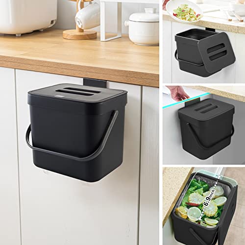FODISU Small Garbage Can with Lid 1.8 Gallon Wall-Mounted Trash Can, 7 Liter Hanging Trash Can for Kitchen Cabinet Door, Under Sink Garbage Can, Countertop Compost Bin for Bathroom, Kitchen
