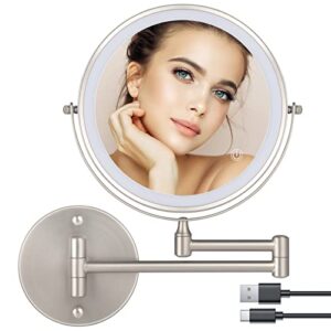 8" Wall Mounted Makeup Mirror,1X/10X Magnification Double-Sided 360° Swivel Vanity Mirror 3 Color Lights Touch Screen Dimming Extendable Shaving Bathroom Wall Cosmetic Mirror for Men and Women-Nickel