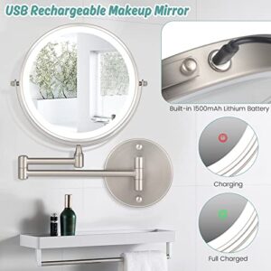 8" Wall Mounted Makeup Mirror,1X/10X Magnification Double-Sided 360° Swivel Vanity Mirror 3 Color Lights Touch Screen Dimming Extendable Shaving Bathroom Wall Cosmetic Mirror for Men and Women-Nickel