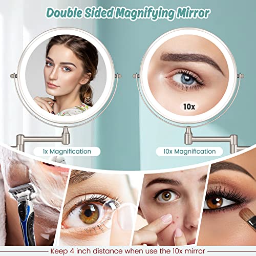 8" Wall Mounted Makeup Mirror,1X/10X Magnification Double-Sided 360° Swivel Vanity Mirror 3 Color Lights Touch Screen Dimming Extendable Shaving Bathroom Wall Cosmetic Mirror for Men and Women-Nickel