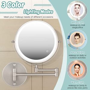 8" Wall Mounted Makeup Mirror,1X/10X Magnification Double-Sided 360° Swivel Vanity Mirror 3 Color Lights Touch Screen Dimming Extendable Shaving Bathroom Wall Cosmetic Mirror for Men and Women-Nickel