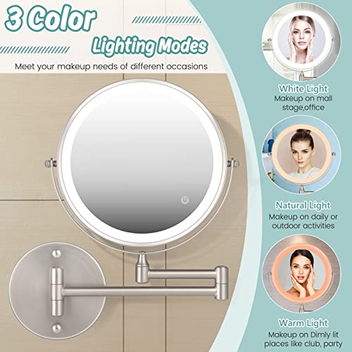 8" Wall Mounted Makeup Mirror,1X/10X Magnification Double-Sided 360° Swivel Vanity Mirror 3 Color Lights Touch Screen Dimming Extendable Shaving Bathroom Wall Cosmetic Mirror for Men and Women-Nickel