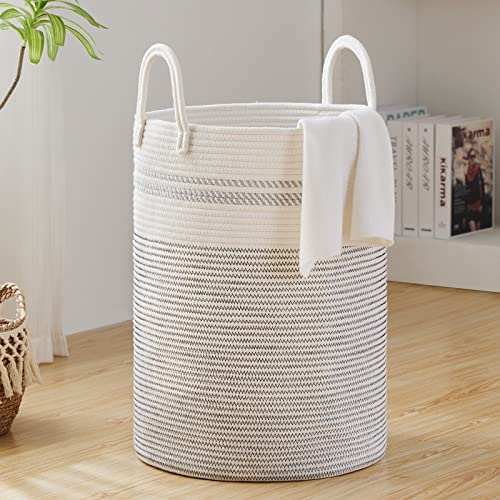 72L Large Woven Rope Laundry Hamper by Fiona's magic, Tall Laundry Basket Storage, Baby Nursery Hamper for Blankets, Toys and Clothes Hamper for Bedroom and Living Room Organizing, Jute, White