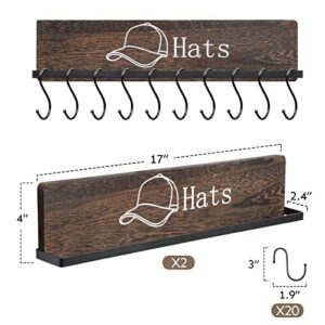 FANGSUN Hat Rack for Wall, Wooden Baseball Cap Organizer with 20 Hooks, Metal Rustic Hat Pattern Hat Display Rack, Ball Cap Hanger Wall Mounted Hat Storage Holder for Closet Bedroom Entry, Set of 2