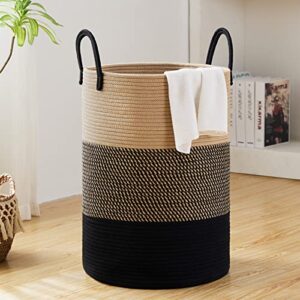 72l large woven laundry hamper by fiona's magic, tall cotton rope storage basket, jute baby nursery hamper for blankets, toys and clothes in bedroom and living room organizing, brown & black
