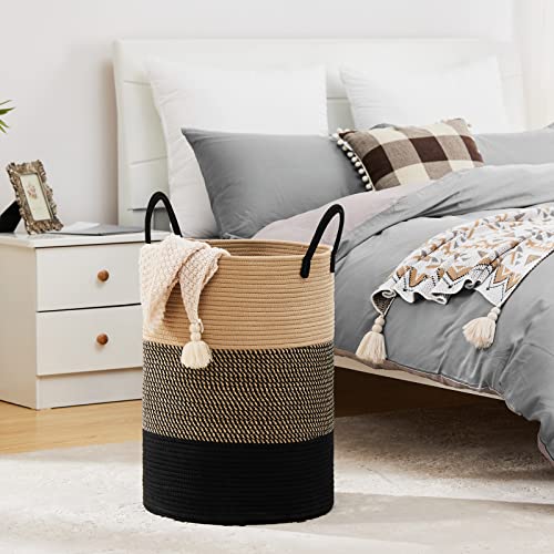 72L Large Woven Laundry Hamper by Fiona's magic, Tall Cotton Rope Storage Basket, Jute Baby Nursery Hamper for Blankets, Toys and Clothes in Bedroom and Living Room Organizing, Brown & Black