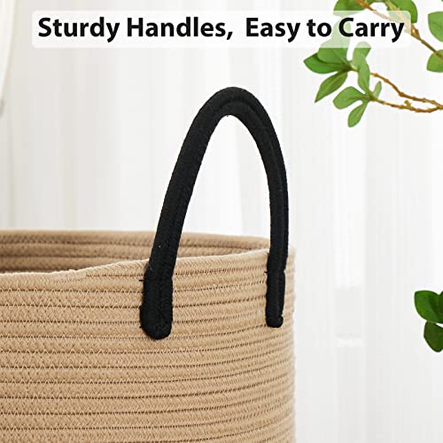 72L Large Woven Laundry Hamper by Fiona's magic, Tall Cotton Rope Storage Basket, Jute Baby Nursery Hamper for Blankets, Toys and Clothes in Bedroom and Living Room Organizing, Brown & Black